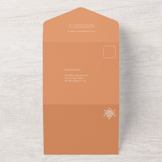 Elegante abrikoos minimale fotocollage vakantie all in one uitnodiging (Buitenkant)