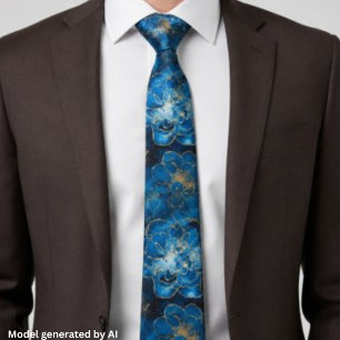 Elegante Abstract Blauw & Goud Bloemmotief Stropdas