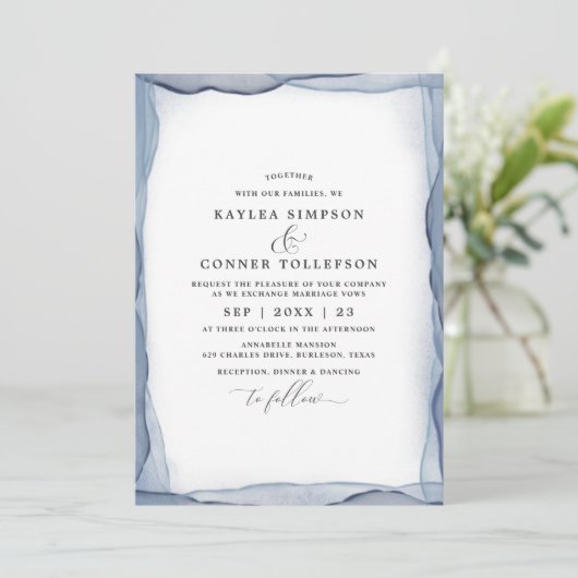 Elegante Abstract Stofblauwe Trouw Waterverf Kaart (Staand voorkant)