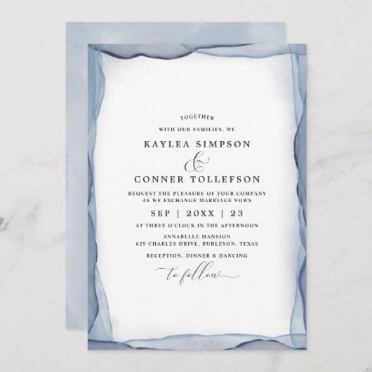 Elegante Abstract Stofblauwe Trouw Waterverf Kaart (Voorkant / Achterkant)