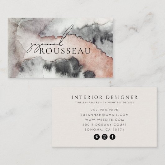 Elegante Abstracte Aquarel Interieurontwerper Visitekaartje (Voorkant / Achterkant)