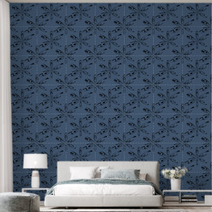 Elegante Abstracte Floral Line Art op Marble Blue Behang