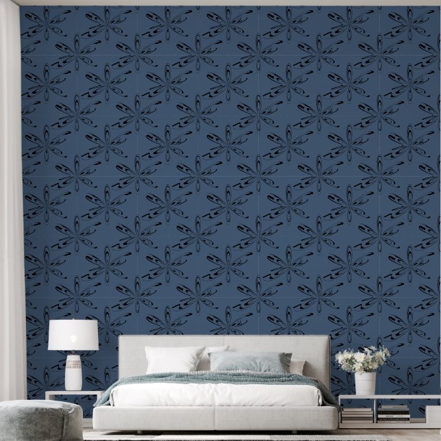 Elegante Abstracte Floral Line Art op Marble Blue Behang (Slaapkamer)