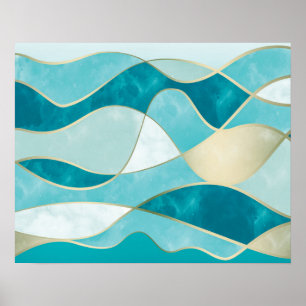 Elegante Abstracte gouden golven & Blauwgroen marm Poster