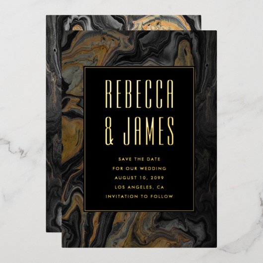 Elegante Abstracte gouden zwart marmeren bruiloft Folie Uitnodiging (Voorkant / Achterkant)