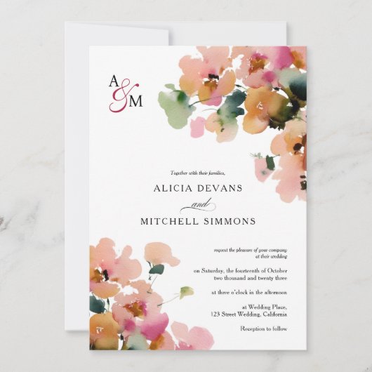 Elegante Abstracte Herfst Bloemen Monogram Huwelij Kaart (Voorkant)