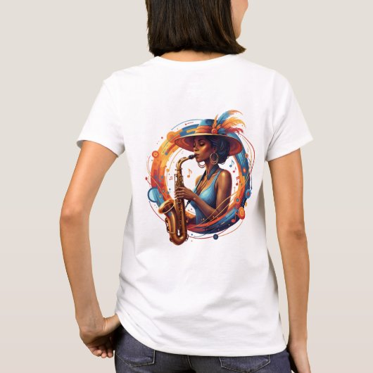Elegante Abstracte Jazz Vrouw Saxofoon Kunst T-shirt (Achterkant)