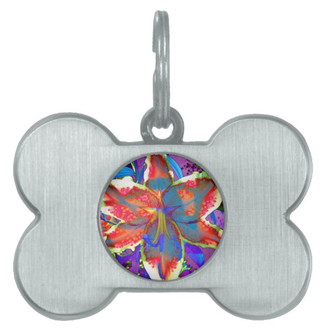 Elegante abstracte retro rood blauwe bloem huisdieren naamplaatje (voorkant)