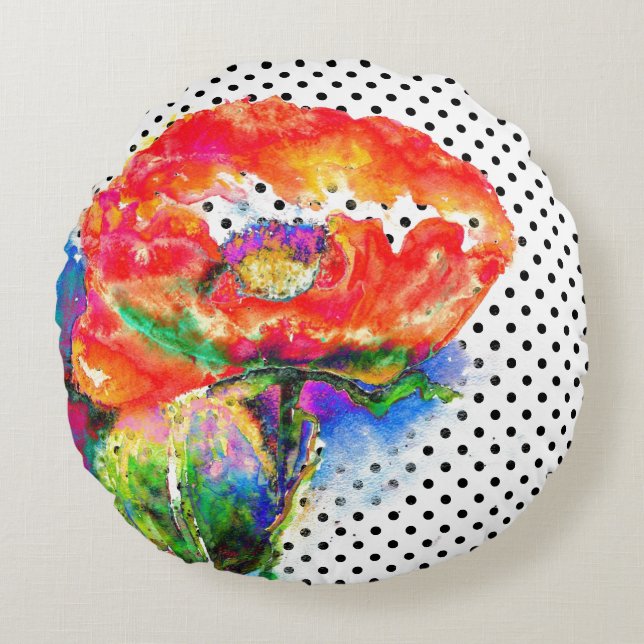 Elegante abstracte rode florale waterverf polka do rond kussen (Voorkant)
