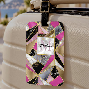 Elegante abstracte roze zwarte geometrische bagagelabel
