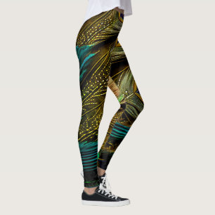 Elegante Abstracte Turkooisblauwe Gouden Pauwveren Leggings