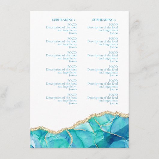 Elegante Abstracte Waterverf Blauwe Gouden Restaur Menu (Achterkant)