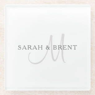 Elegante Achternaam Monogram   Wit & Grijs Glazen Onderzetter