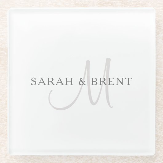 Elegante achternaam monogram | Wit & Grijs Glazen Onderzetter (Voorkant)