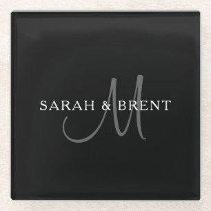 Elegante Achternaam Monogram Zwart, Grijs & Wit Glazen Onderzetter