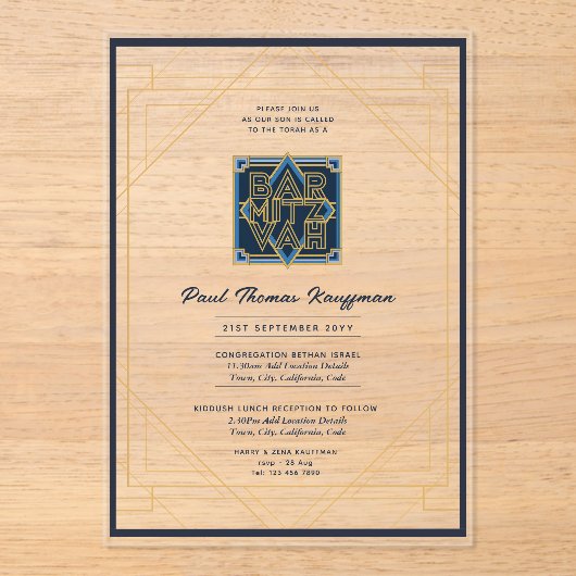 Elegante Acryl BAR MITZVAH Navy Goud Modern Helder Acryl Uitnodigingen (Voorkant)