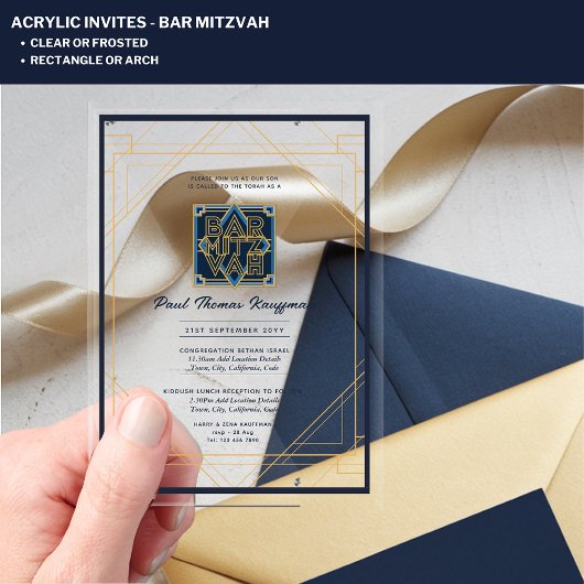 Elegante Acryl BAR MITZVAH Navy Goud Modern Helder Acryl Uitnodigingen