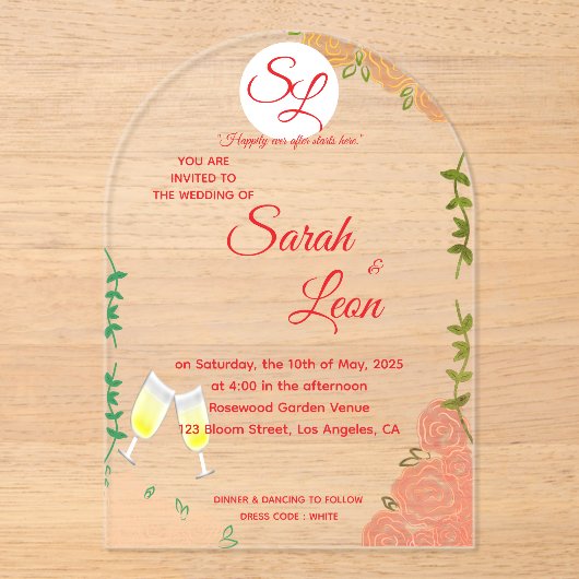 Elegante acryl bruiloft uitnodiging aangepaste tek (Voorkant)