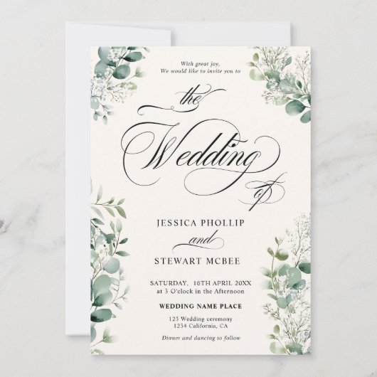 Elegante Adem Eucalyptus Greenery Script Trouwen Kaart (Achterkant)