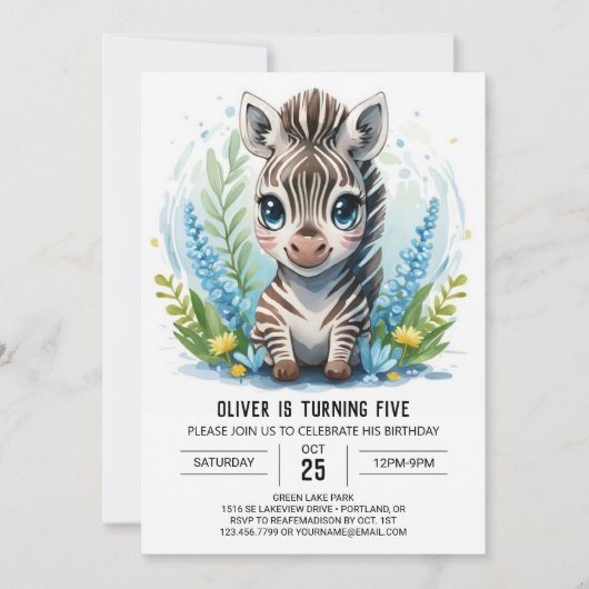 Elegante afdrukbare Safari Zebra Boy Verjaardag Kaart (Voorkant)