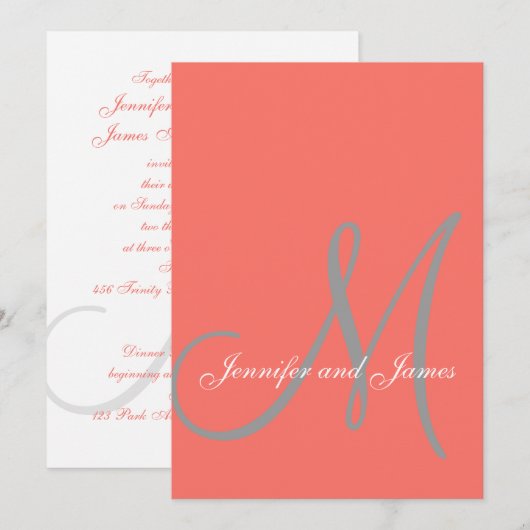 Elegante Affair Koraal Grijs Monogram Bruiloft Kaart (Voorkant / Achterkant)