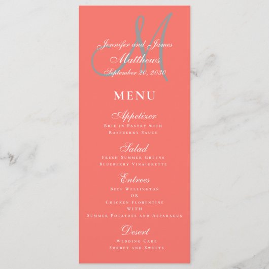 Elegante Affair Koraal Grijs Script Monogram Bruil Menu (Voorkant)