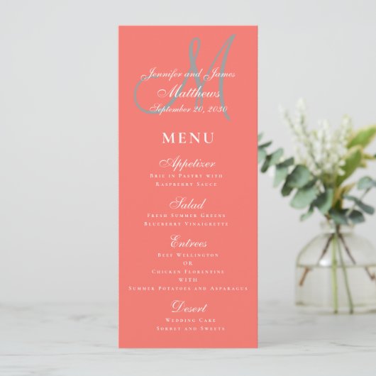 Elegante Affair Koraal Grijs Script Monogram Bruil Menu (Staand voorkant)