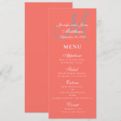 Elegante Affair Koraal Grijs Script Monogram Bruil Menu (Voorkant / Achterkant)