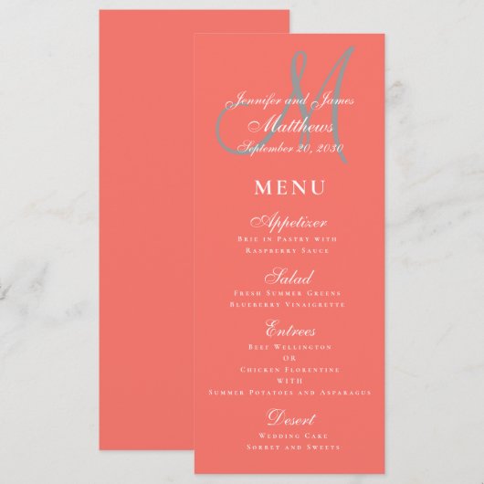 Elegante Affair Koraal Grijs Script Monogram Bruil Menu (Voorkant / Achterkant)