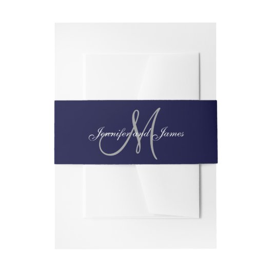 Elegante Affair Marine Blauw Monogram Script Bruil Uitnodigingen Wikkel (Voorkant Voorbeeld)