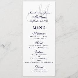 Elegante Affair Marine Blauw Script Monogram Bruil Menu