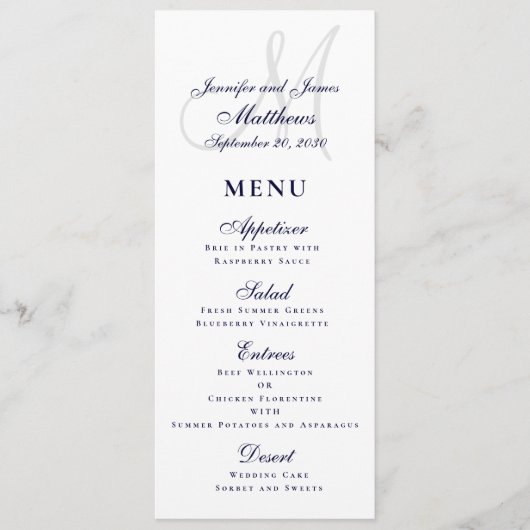 Elegante Affair Marine Blauw Script Monogram Bruil Menu (Voorkant)