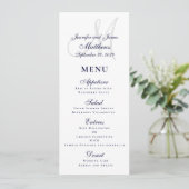Elegante Affair Marine Blauw Script Monogram Bruil Menu (Staand voorkant)
