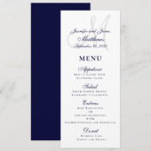 Elegante Affair Marine Blauw Script Monogram Bruil Menu (Voorkant / Achterkant)