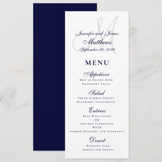 Elegante Affair Marine Blauw Script Monogram Bruil Menu (Voorkant / Achterkant)