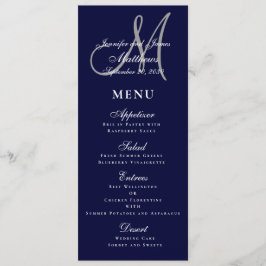 Elegante Affair Marine Blauw Script Monogram Bruil Menu