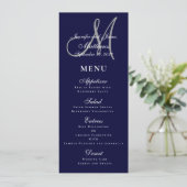Elegante Affair Marine Blauw Script Monogram Bruil Menu (Staand voorkant)