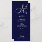 Elegante Affair Marine Blauw Script Monogram Bruil Menu (Voorkant / Achterkant)