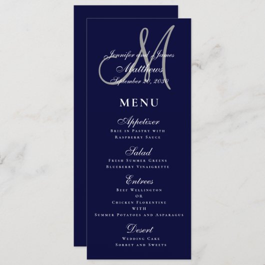 Elegante Affair Marine Blauw Script Monogram Bruil Menu (Voorkant / Achterkant)