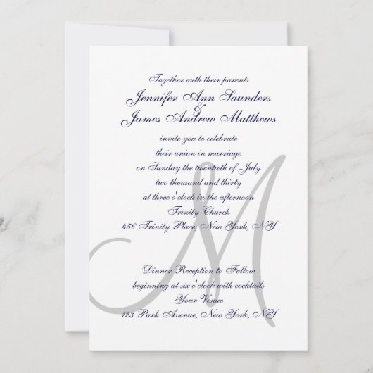 Elegante Affair Navy Blauw Grijs Initiaal Bruiloft Kaart (Achterkant)