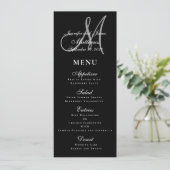 Elegante Affair Zwart Wit Script Monogram Bruiloft Menu (Staand voorkant)