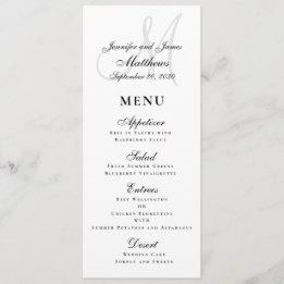 Elegante Affair Zwart Wit Script Monogram Bruiloft Menu