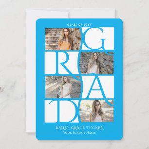 Elegante Afgestudeerde 5-Foto Helderblauwe Afstude Aankondiging
