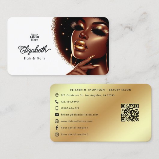 Elegante Afro Glam Melanine Chic Hair & Nail Salon Visitekaartje (Voorkant / Achterkant)