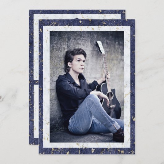 Elegante afstudeerfoto met blauwe witte marmer aankondiging (Voorkant / Achterkant)