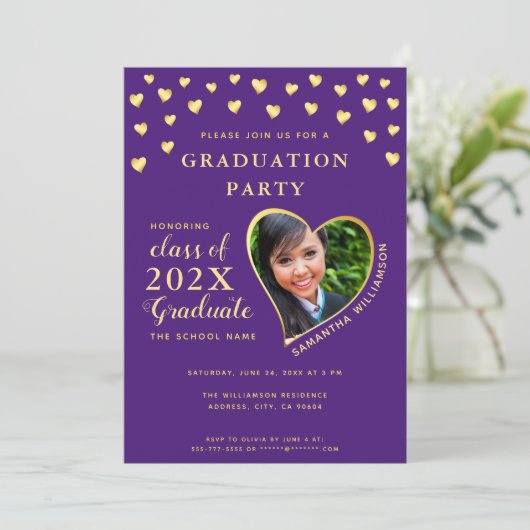 Elegante afstudeerfoto paars en goud afstuderen kaart (Staand voorkant)