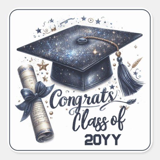 Elegante afstudeerhoed en diploma vierkante sticker (Voorkant)