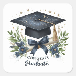 Elegante afstudeerhoed en diploma vierkante sticker