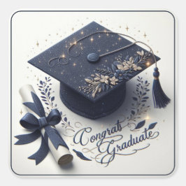 Elegante afstudeerhoed en diploma vierkante sticker