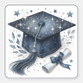 Elegante afstudeerhoed en diploma vierkante sticker